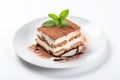 Tasty homemade tiramisu cake, isolated on white background