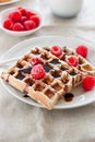 Tasty homemade waffles with raspberries and chocolate sauce ready for breakfast Royalty Free Stock Photo