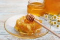 Tasty honey combs on blue wooden table, closeup