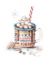 Tasty hot chocolate cup with marshmallows, red and blue ornament. Christmas watercolor greeting card design element.