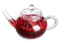 Tasty hot cranberry tea with lemon in teapot isolated on white Royalty Free Stock Photo