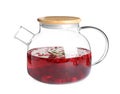 Tasty hot cranberry tea with rosemary in glass teapot isolated on white Royalty Free Stock Photo