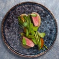 Tasty hot dish: beef, asparagus, potatoes, avocado. Top view