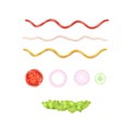 Tasty hot dog cooking elements, ketchup, mustard, mayonnaise, tomato, onion, cucumber lettuce salad