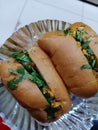 Tasty hot dog with paneer stuffing and sprinkled coriander leaves