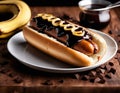 A tasty hot dog, but replace the sausage with a banana covered in chocolate sauce