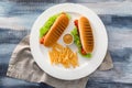 Tasty hot dogs and french fries on plate Royalty Free Stock Photo