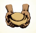 Vector drawing. Hands give a bread