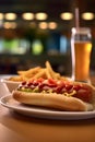 Tasty hotdog with mustard and french fries