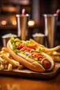 Tasty hotdog with mustard and french fries
