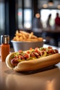 Tasty hotdog with mustard, tomato sauce and french fries