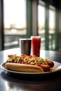 Tasty hotdog with mustard and tomato sauce