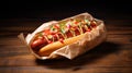 Tasty hotdog in parchment paper closeup. Fast food concept