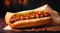 Tasty hotdog in parchment paper closeup. Fast food concept