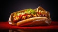 Tasty hotdog in parchment paper closeup. Fast food concept