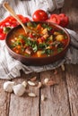 Tasty Hungarian goulash soup bograch close-up and ingredients. v