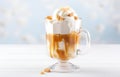 Tasty ice cream with caramel sauce in transparent mug on white wooden table for sweet dessert food card design Royalty Free Stock Photo