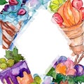 Tasty ice cream cone sweet dessert. Watercolor background illustration set. Frame border ornament square.