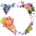 Tasty ice cream cone sweet dessert. Watercolor background illustration set. Frame border ornament square.