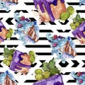 Tasty ice cream cone sweet dessert. Watercolor background illustration set. Seamless background pattern.