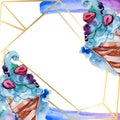 Tasty ice cream cone sweet dessert. Watercolor background illustration set. Frame border ornament square.