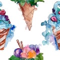 Tasty ice cream cone sweet dessert. Watercolor background illustration set. Seamless background pattern.