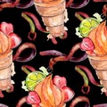 Tasty ice cream cone sweet dessert. Watercolor background illustration set. Seamless background pattern.