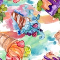 Tasty ice cream cone sweet dessert. Watercolor background illustration set. Seamless background pattern.