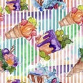 Tasty ice cream cone sweet dessert. Watercolor background illustration set. Seamless background pattern.