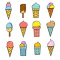 Tasty ice creams isolated on white. Hand drawing color sketch vector illustration.
