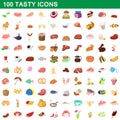 100 tasty icons set, cartoon style