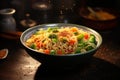 Tasty instant noodles with vegetables food in bowl. Generate Ai