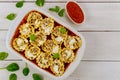 Tasty italian dish pasta, meat and ricotta cheese in tomato sauce Royalty Free Stock Photo