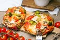 Tasty Italian homemade mini pizzas with broccoli, feta and olives Royalty Free Stock Photo