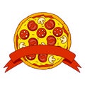 Tasty Italian pizza. Delicious fast food meal. Illustration for cafe menu.