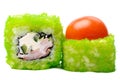 Tasty Japanese fantasy rolls with cherry tomato, cucumber and gr