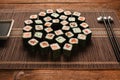 Tasty japanese sushi. Set of maki rolls, closeup.