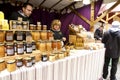 Tasty jars of natural honey for sale at a market stall