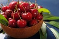 Tasty juicy cherries on a plate. Drops of water on a cherry