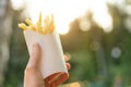 Tasty juicy french fries in white paper box in man hand on nature outdoors