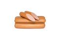 Tasty and juicy sausages nourishing by a breakfast, on a white background