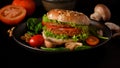 Tasty juicy vegan meat burger with fresh vegetables and special sauce. plant based food