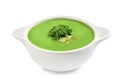 Tasty kale soup with pumpkin seeds isolated