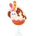 Tasty kawaii bunny shaped ice cream in glass with chocolate topping and cream cartoon