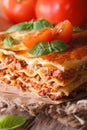 Tasty lasagna with basil and tomatoes on an old table, vertical