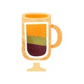 Tasty layered drink in glass with handle. Sweet beverage in transparent cup. Icon with texture. Flat vector design