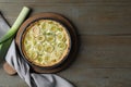 Tasty leek pie on wooden table, flat lay. Space for text Royalty Free Stock Photo