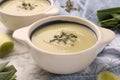 Tasty leek soup in bowls on white marble table, closeup Royalty Free Stock Photo