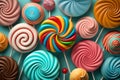 Tasty lollipops and marshmallows on light blue background. Colorful lollipop background, banner, for design or illustrations.