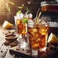 Tasty Long Island Ice Tea being poured into a tall glass with ice cubes. ai generative Royalty Free Stock Photo